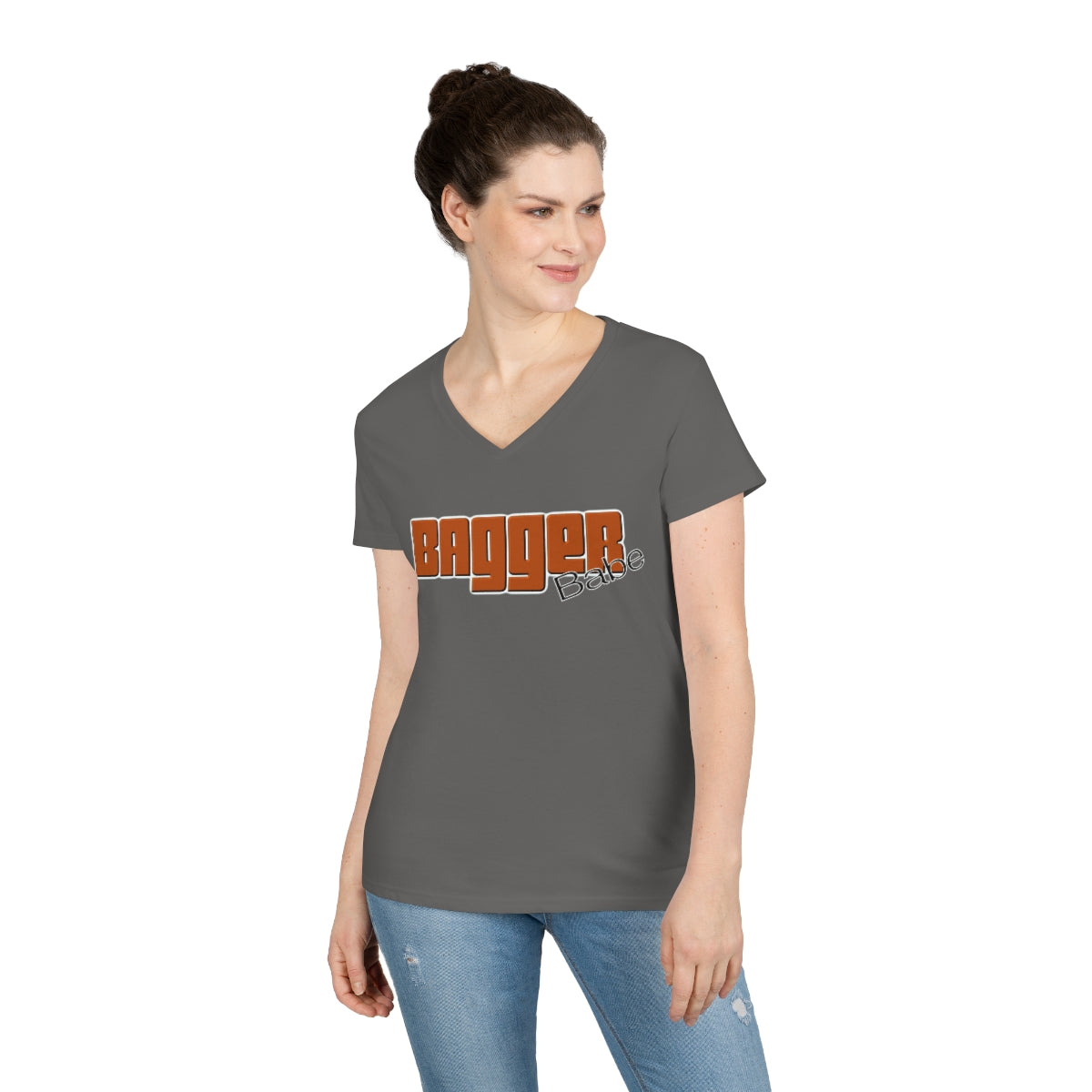 Ladies' V-Neck Bagger Babe T-Shirt (Orange Letters)