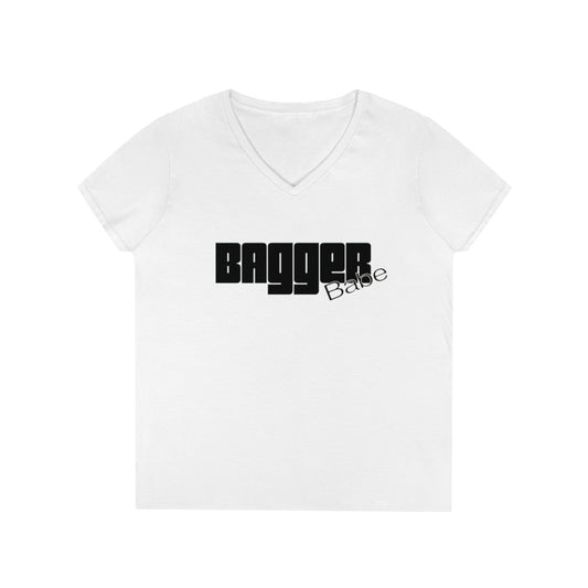 Ladies' V-Neck Bagger Babe T-Shirt (Black Letters)