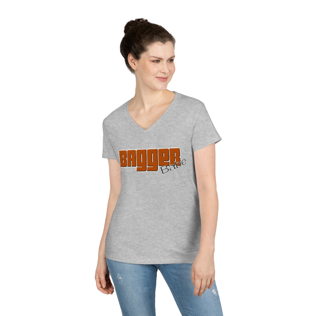 Ladies' V-Neck Bagger Babe T-Shirt (Orange Letters)