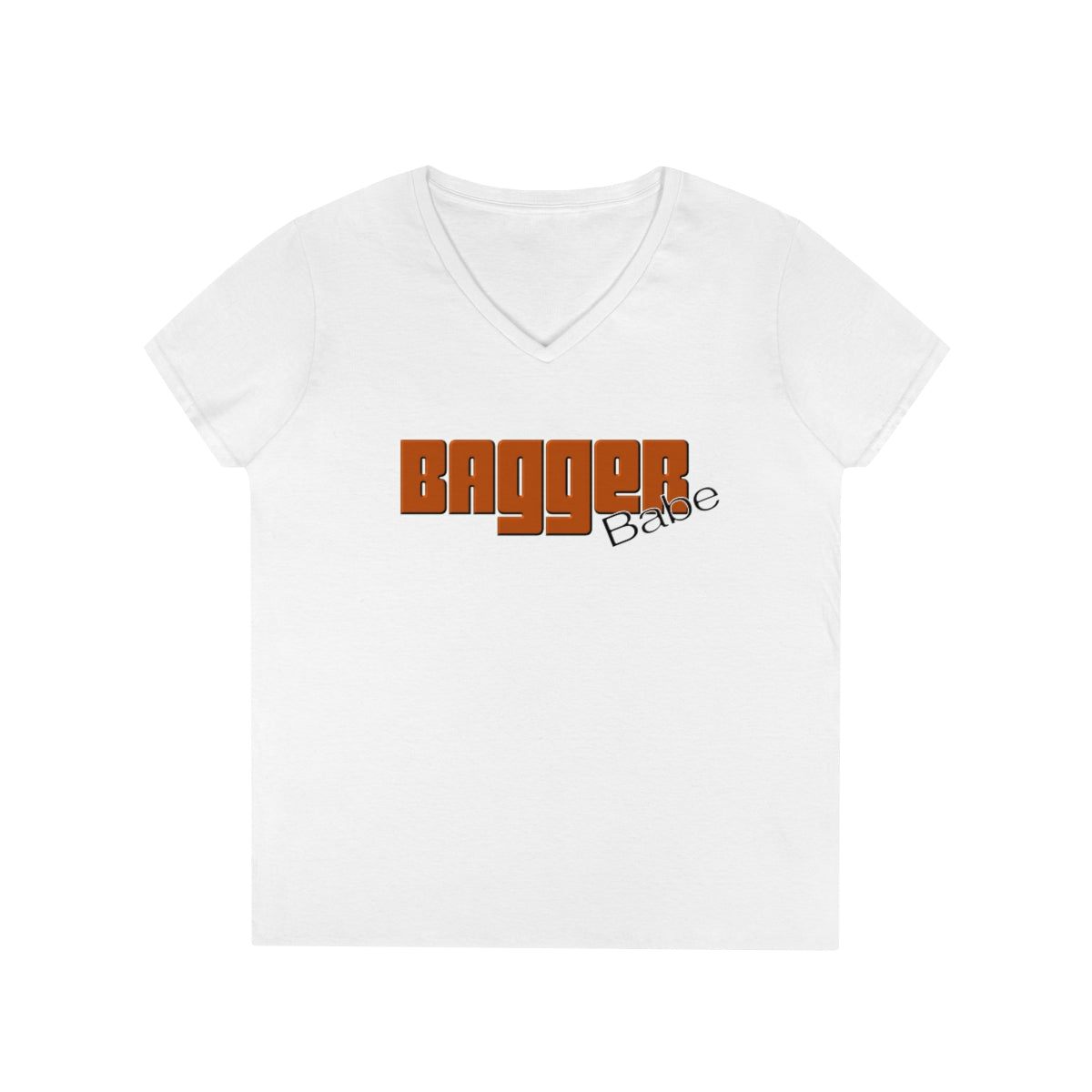 Ladies' V-Neck Bagger Babe T-Shirt (Orange Letters)