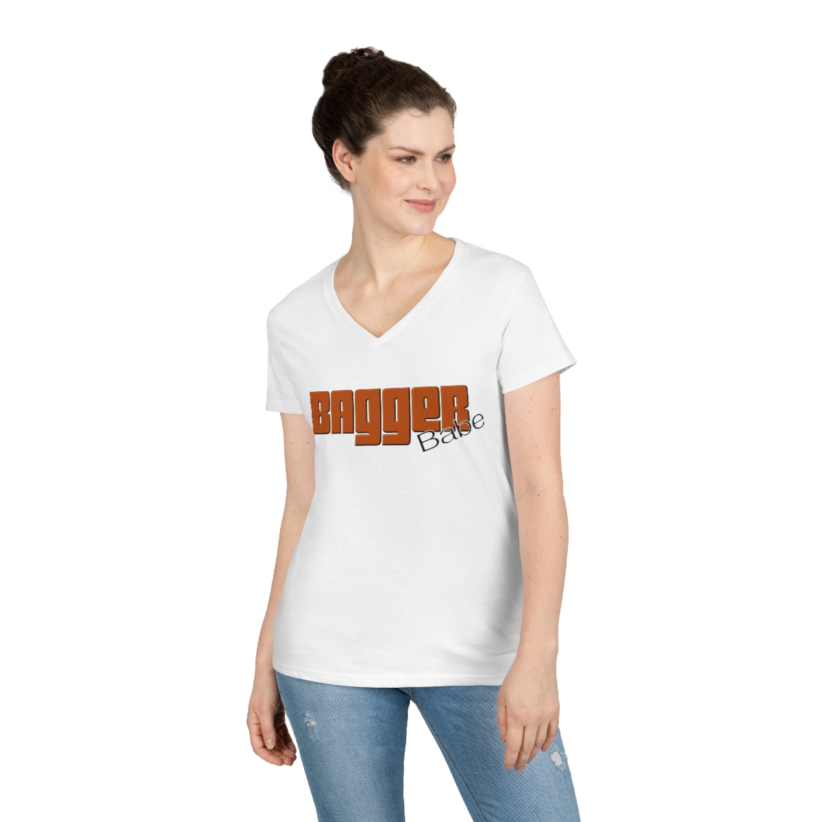 Ladies' V-Neck Bagger Babe T-Shirt (Orange Letters)