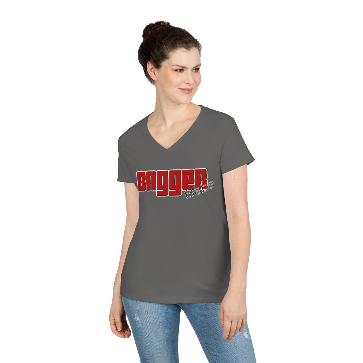 Ladies' V-Neck Bagger Babe T-Shirt (Red Letters)