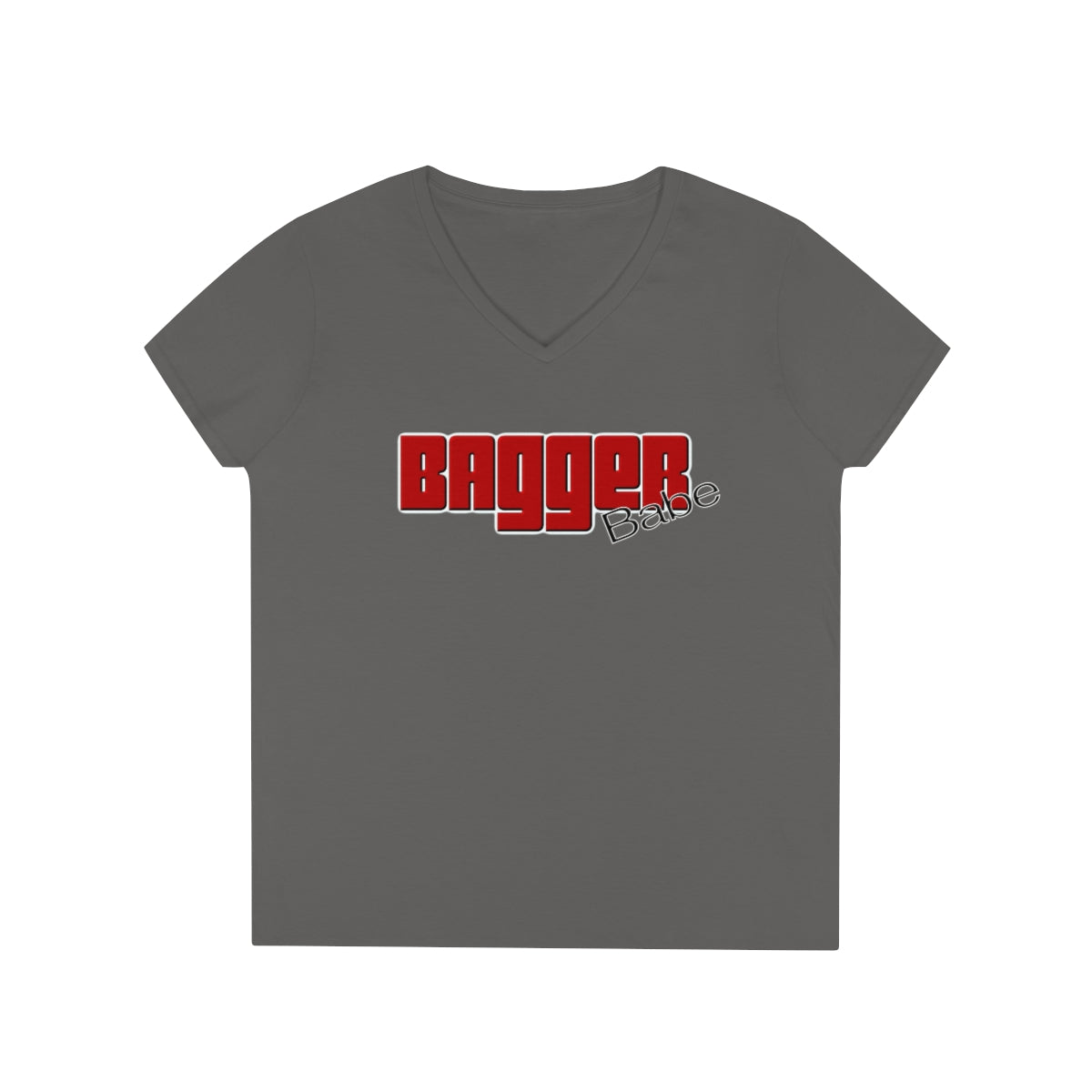 Ladies' V-Neck Bagger Babe T-Shirt (Red Letters)