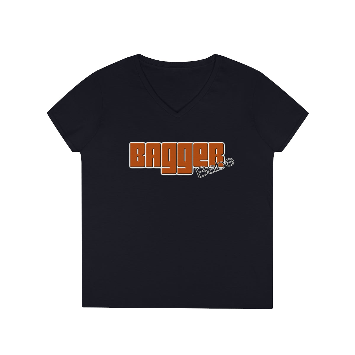 Ladies' V-Neck Bagger Babe T-Shirt (Orange Letters)