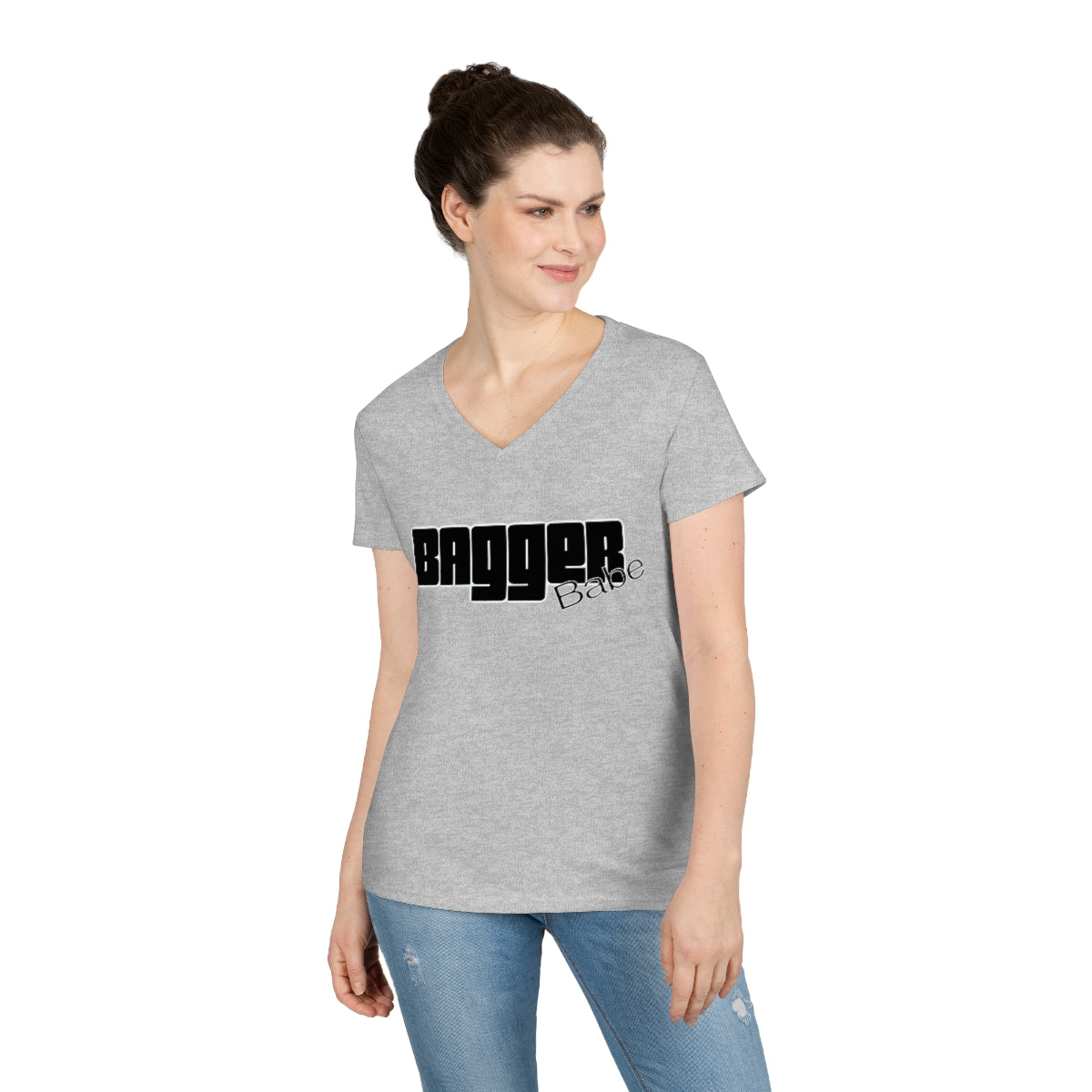 Ladies' V-Neck Bagger Babe T-Shirt (Black Letters)