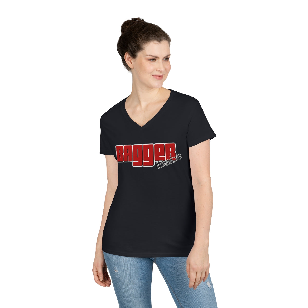 Ladies' V-Neck Bagger Babe T-Shirt (Red Letters)
