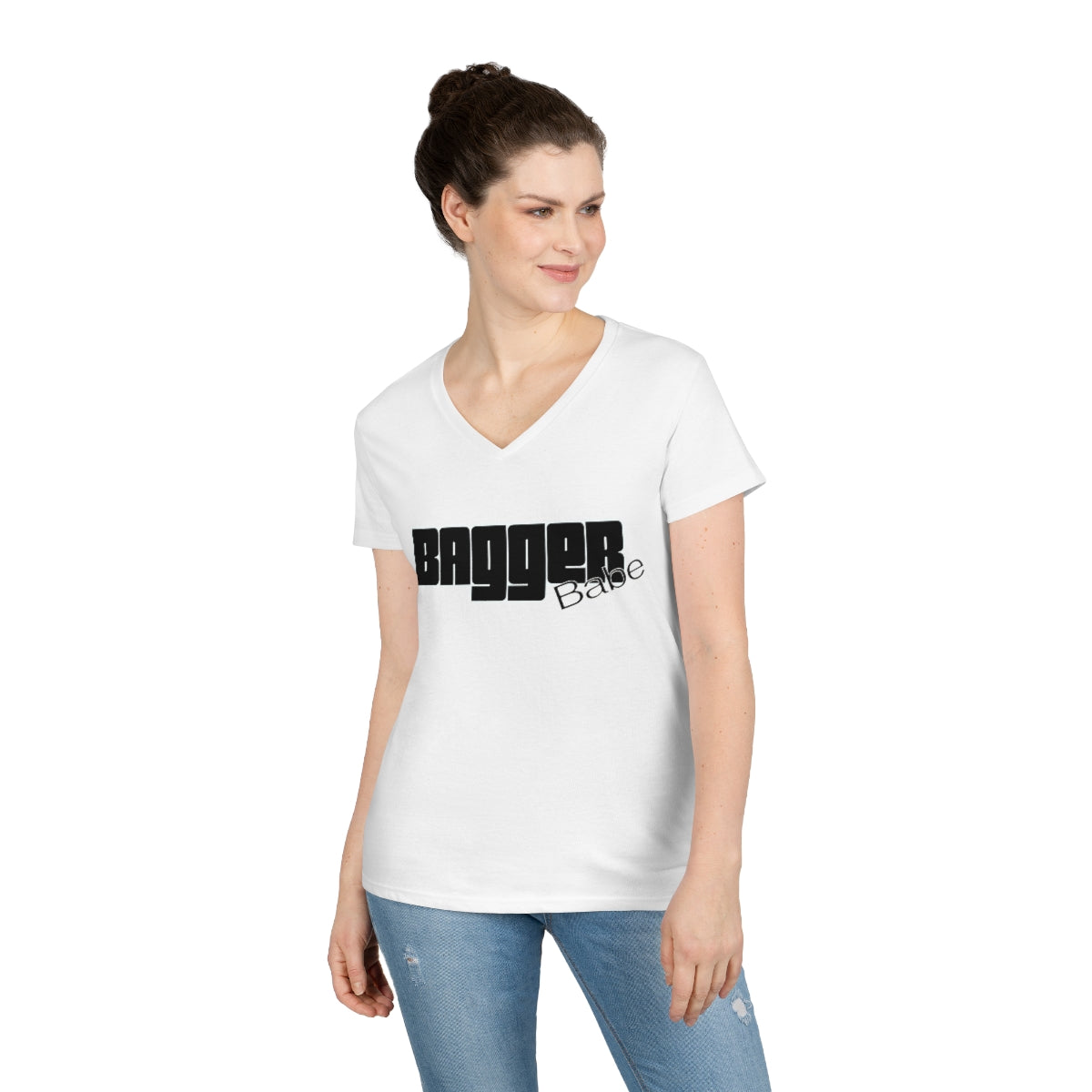 Ladies' V-Neck Bagger Babe T-Shirt (Black Letters)