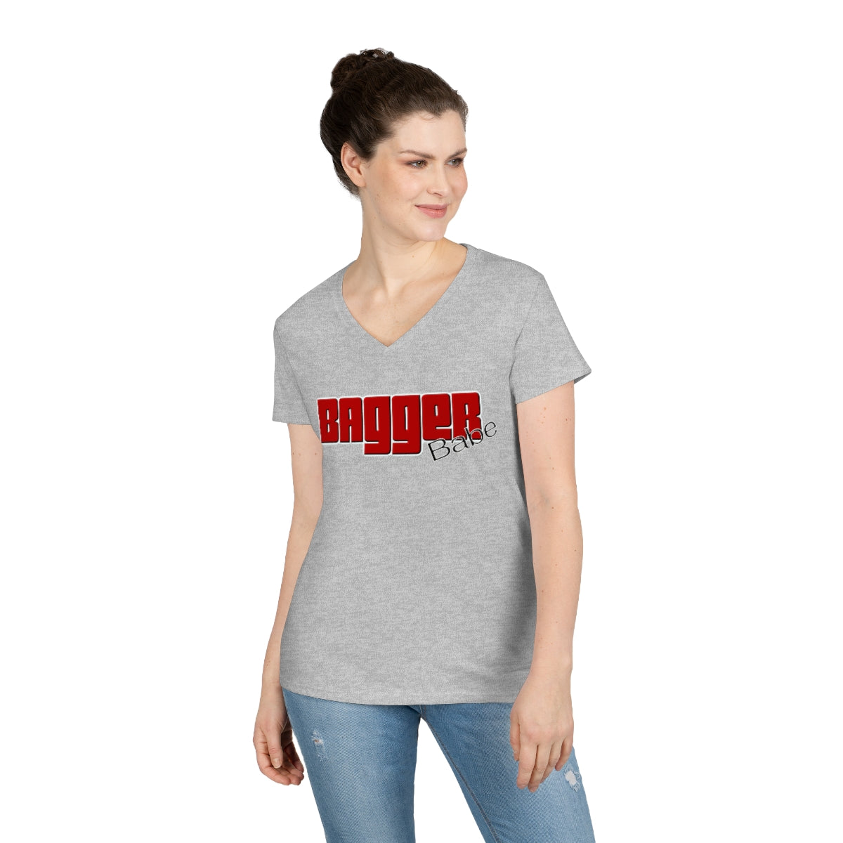 Ladies' V-Neck Bagger Babe T-Shirt (Red Letters)