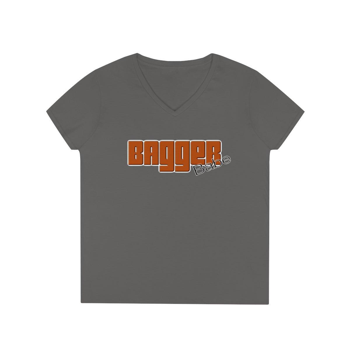 Ladies' V-Neck Bagger Babe T-Shirt (Orange Letters)