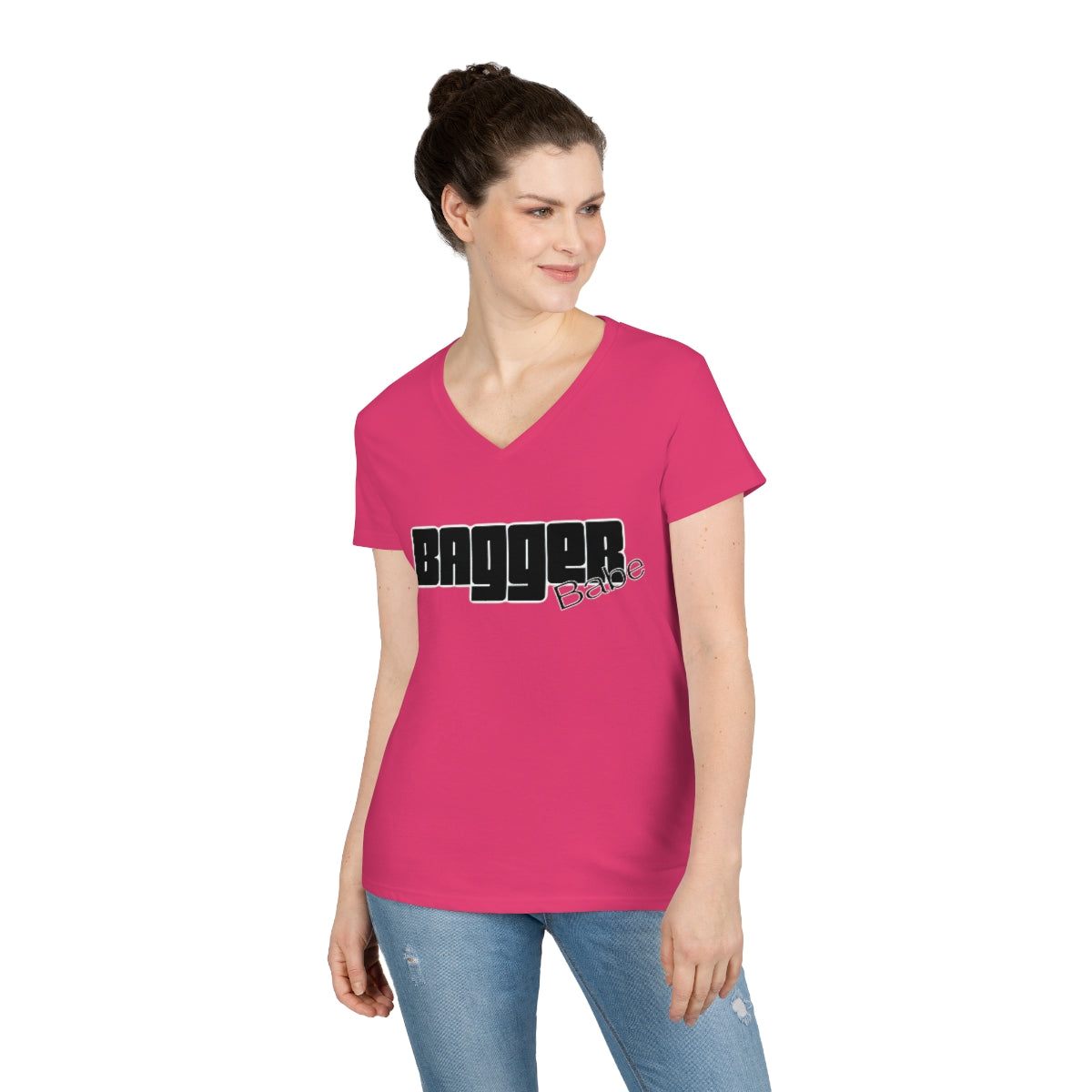 Ladies' V-Neck Bagger Babe T-Shirt (Black Letters)