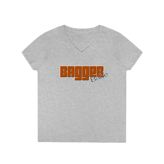 Ladies' V-Neck Bagger Babe T-Shirt (Orange Letters)