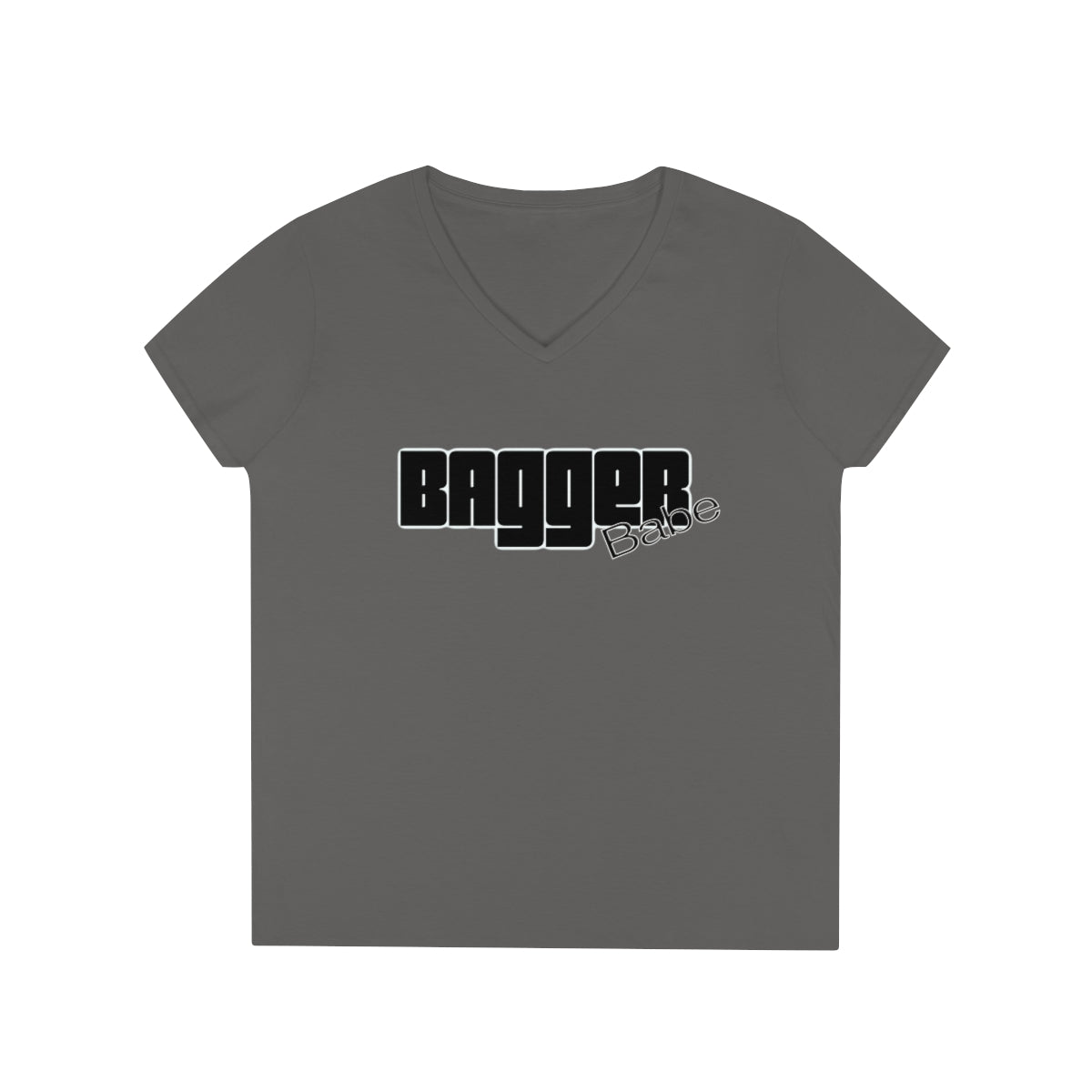 Ladies' V-Neck Bagger Babe T-Shirt (Black Letters)